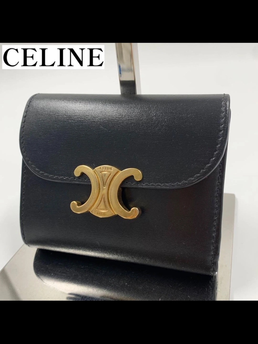 Celine Black Leather Wallet with Gold Triomphe Emblem